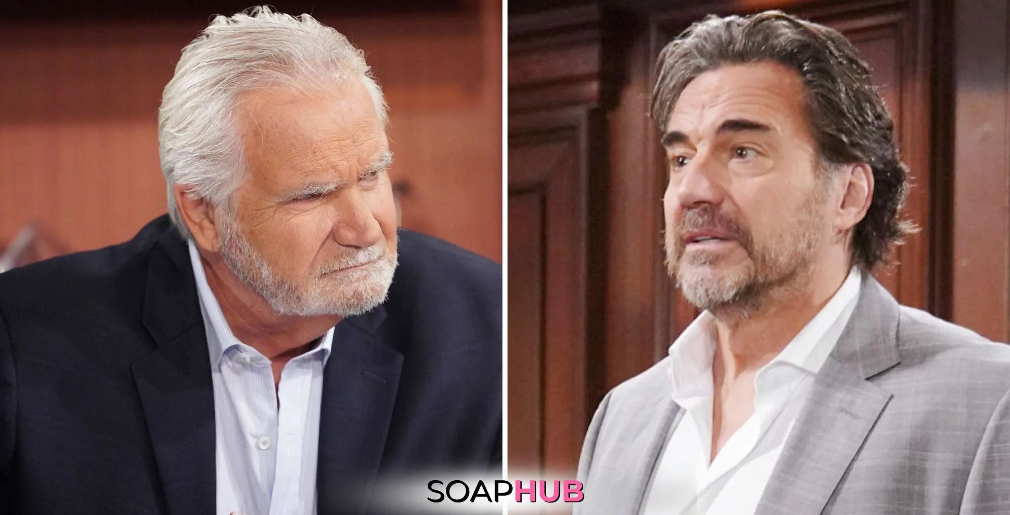The Bold and the Beautiful Spoilers March 18: Ridge & Eric with the SoapHub logo.