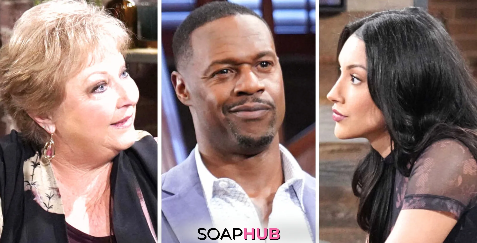 Traci, Damian, and Audra are featured players in The Young and the Restless Spoilers for the week of March 31-April 4, 2025, With Soap Hub logo
