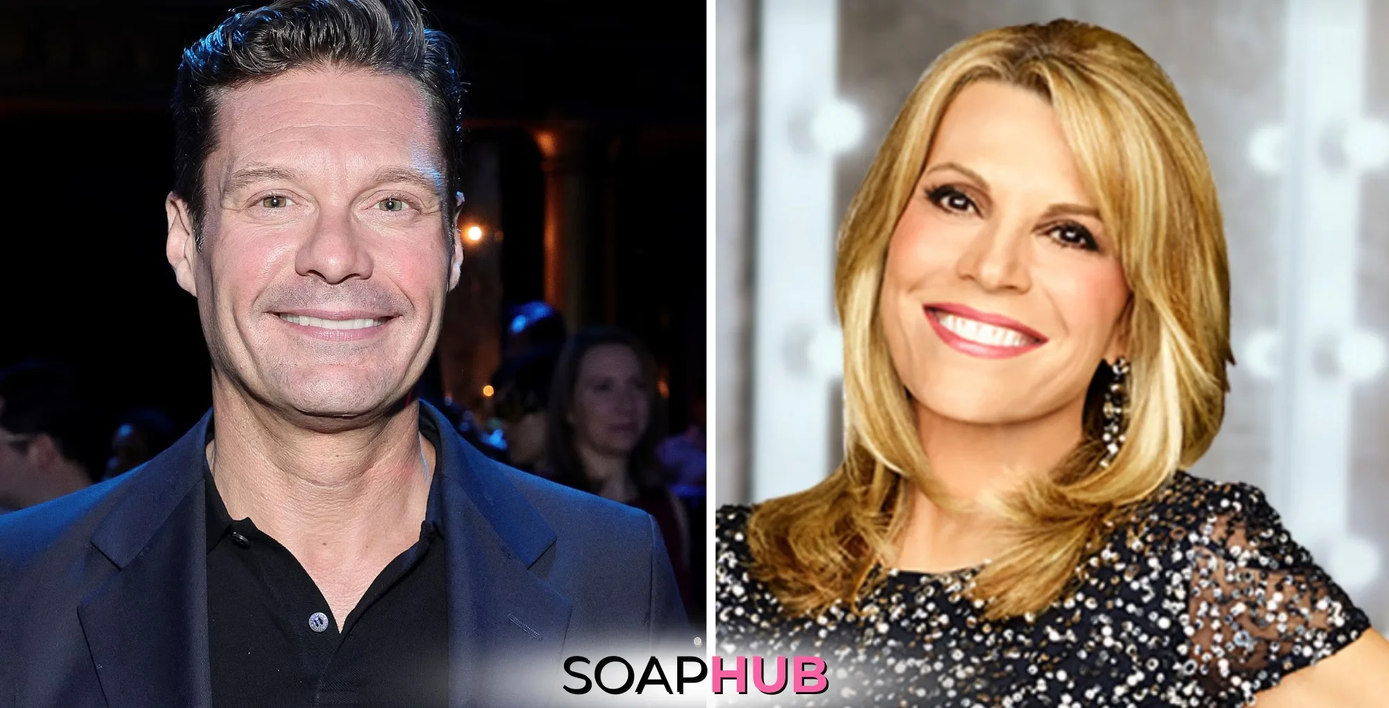 Wheel of Fortune Ryan Seacrest and Vanna White with the Soap Hub logo.