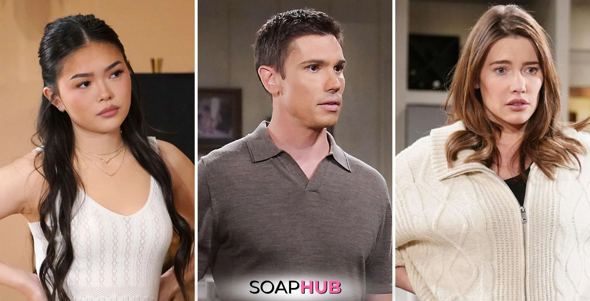 Bold and the Beautiful's Luna, Finn, Steffy with the SoapHub logo.