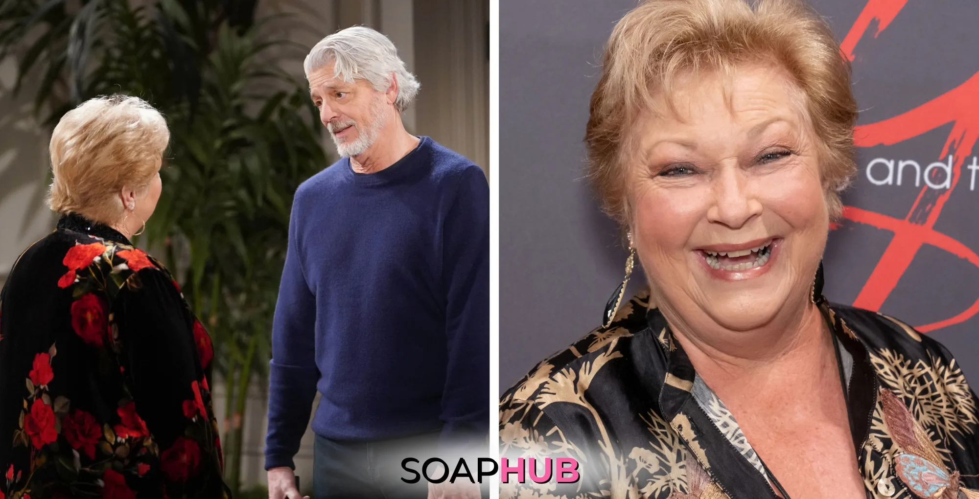 The Bold and the Beautiful characters Traci and Alan, and actress Beth Maitland, with the Soap Hub logo underneath.