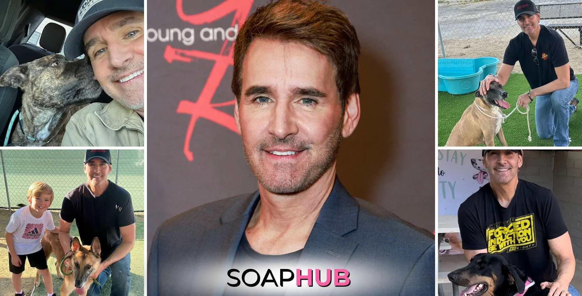 Young and the Restless J. Eddie Peck with rescue dogs and the soap Hub logo.