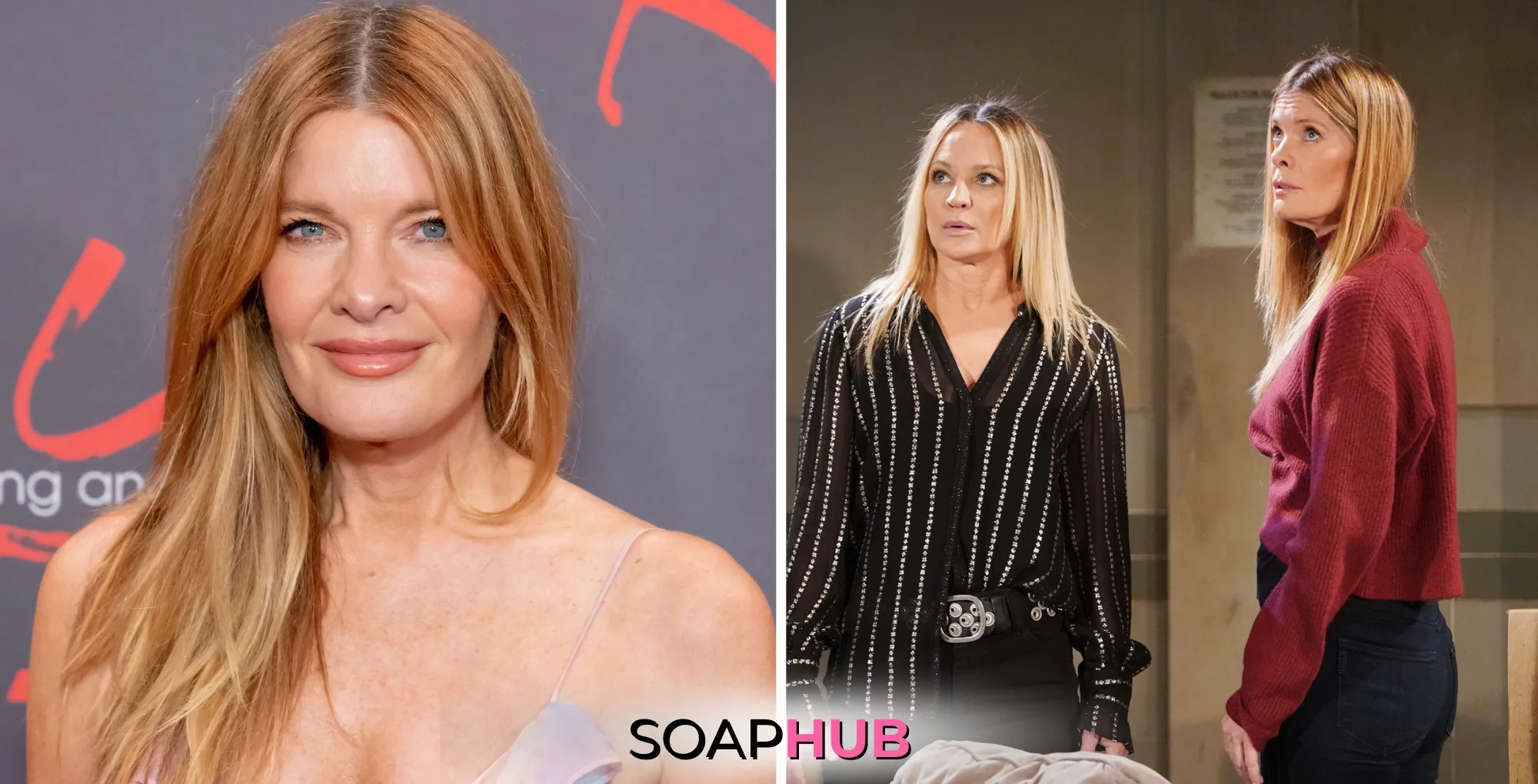 The Young and the Restless star Michelle Stafford, and characters Sharon and Phyllis; with the Soap Hub logo.
