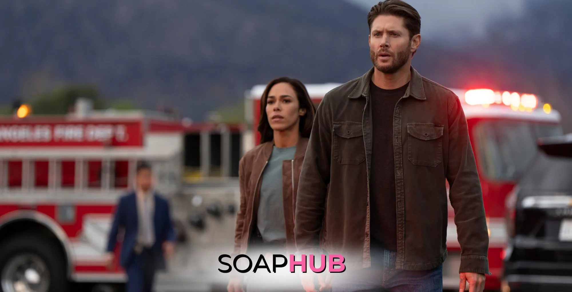 Days of Our Lives alum Jensen Ackles and Jessica Camacho in Prime Video's Countdown, with the Soap Hub logo