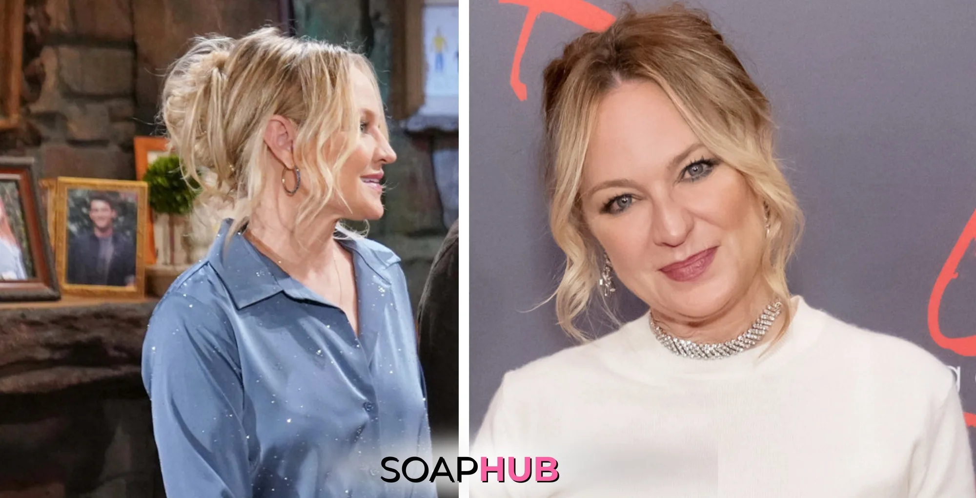 The Young and the Restless character Sharon, and actress Sharon Case; with the Soap Hub logo.