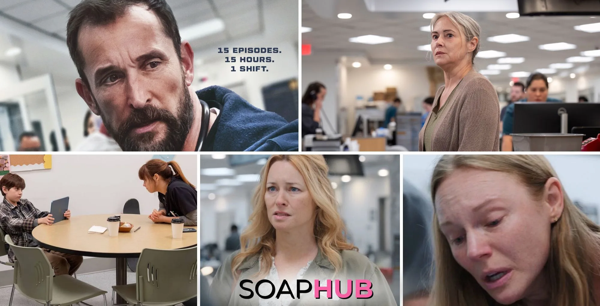 The Pitt stars and guest stars Noah Wyle, Joanna Going, Henry Samiri, Fiona Dourif, Jessica Morris, and Marci Miller, with the Soap Hub logo.