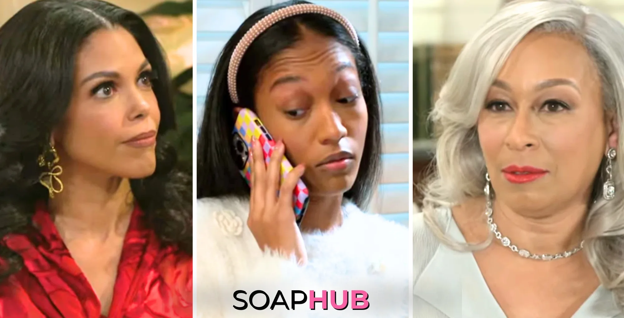 Collage of the Thursday, April 10 episode of Beyond the Gates, with the Soap Hub logo