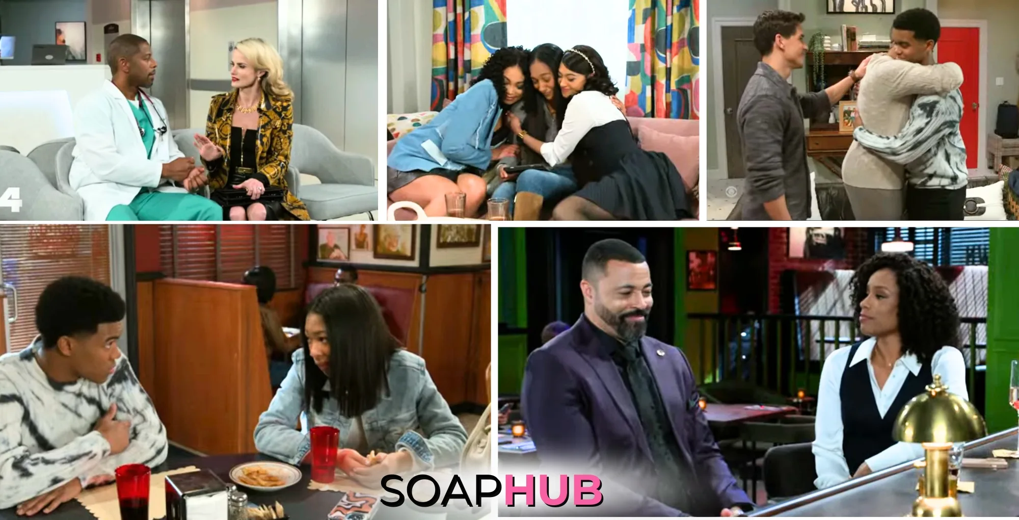 Collage of the Thursday April 17 episode of Beyond the Gates, with the Soap Hub logo.