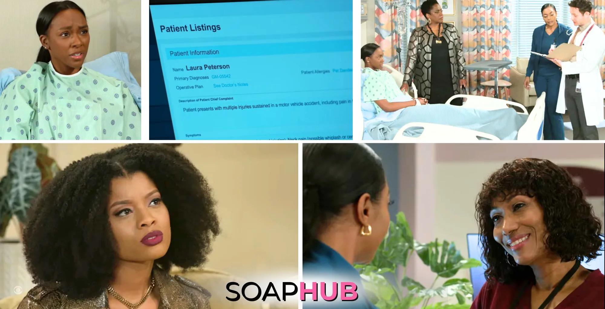 Collage of the Wednesday, April 9 episode of Beyond the Gates, with the Soap Hub Logo.