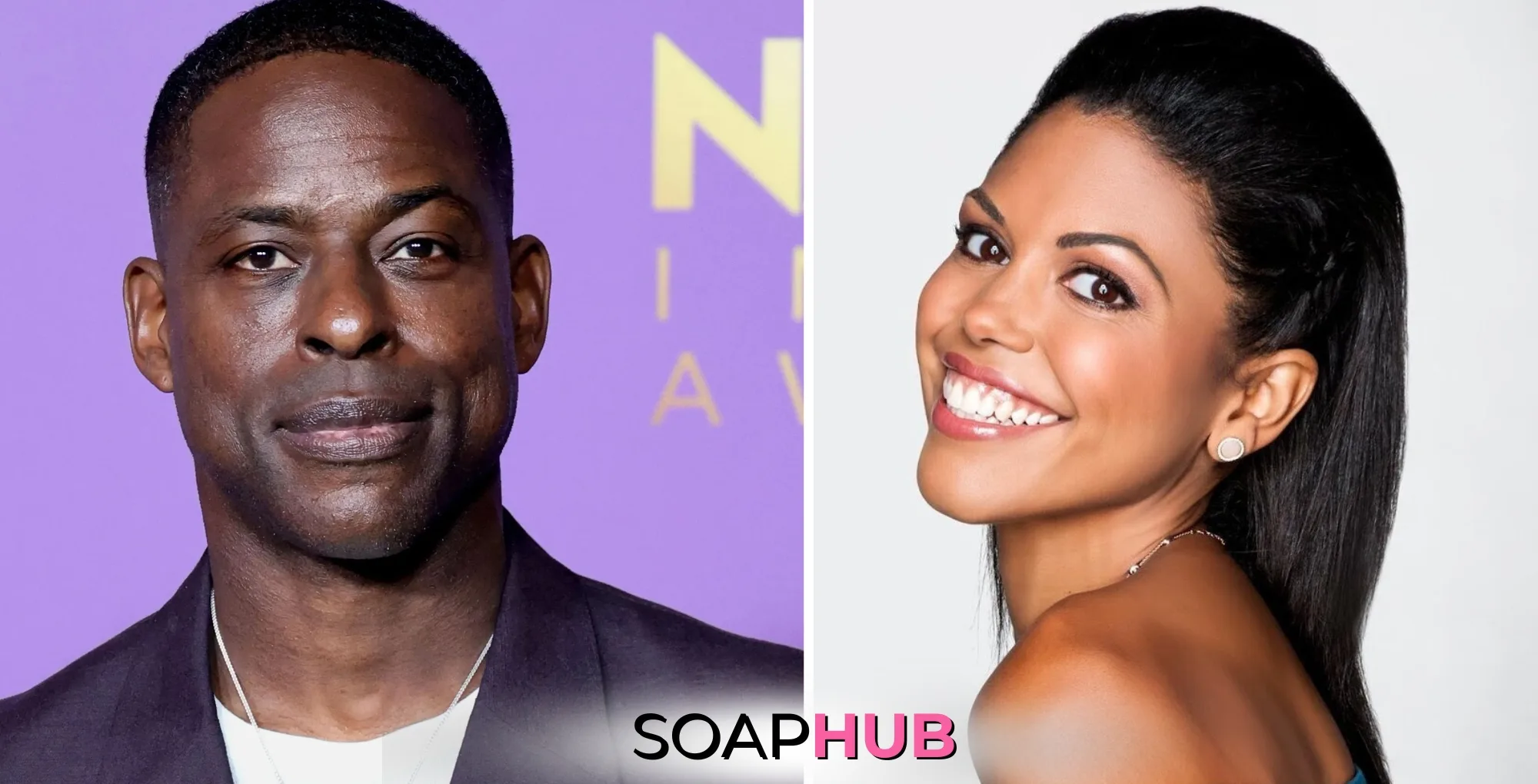 Sterling K. Brown and Beyond The Gates Karla Mosley with the Soap Hub logo.
