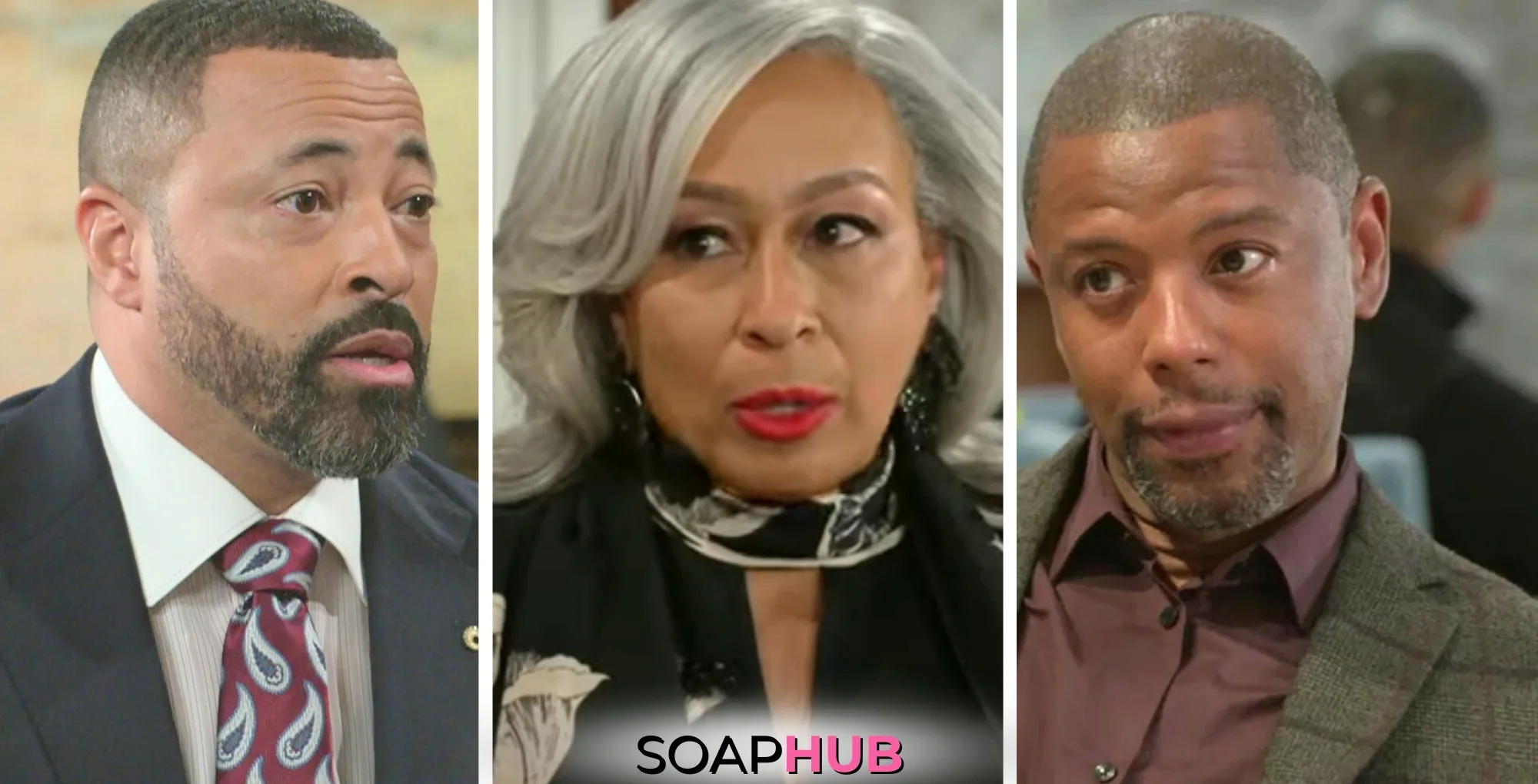 Weekly Beyond The Gates What To Watch Storylines April 21-25: Bill, Anita, and Doug, with the Soap Hub logo.