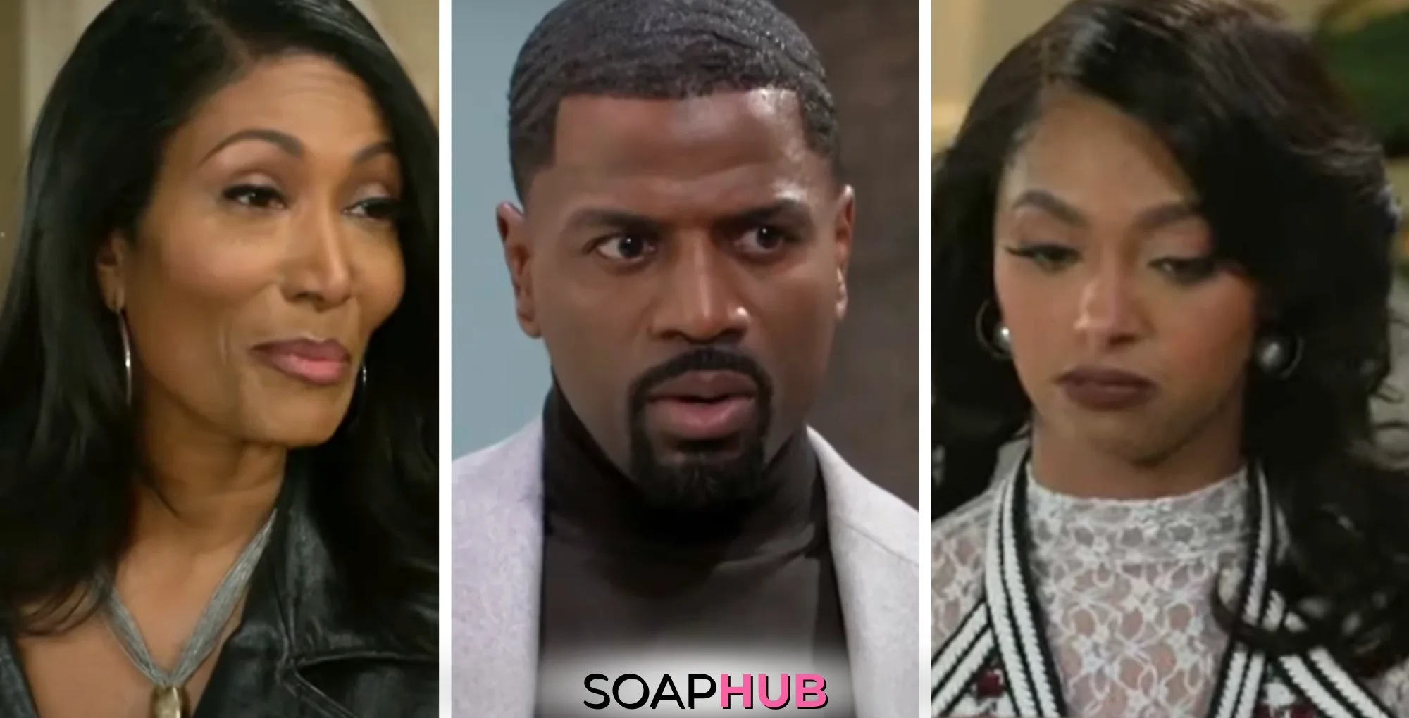 Weekly Beyond The Gates What To Watch Storylines April 28-May 2: Leslie, Ted, Kat, with the Soap Hub logo.