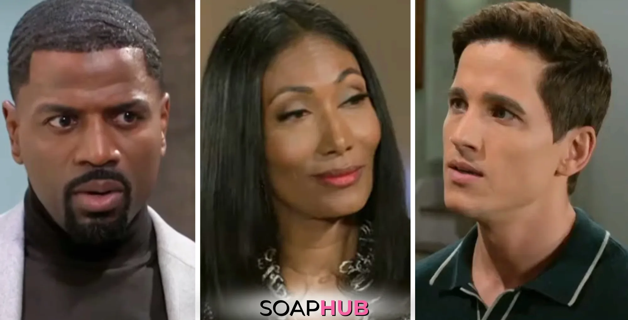Weekly Beyond The Gates What To Watch Storylines April 7-11: Ted, Leslie, Smitty, with the Soap Hub logo.