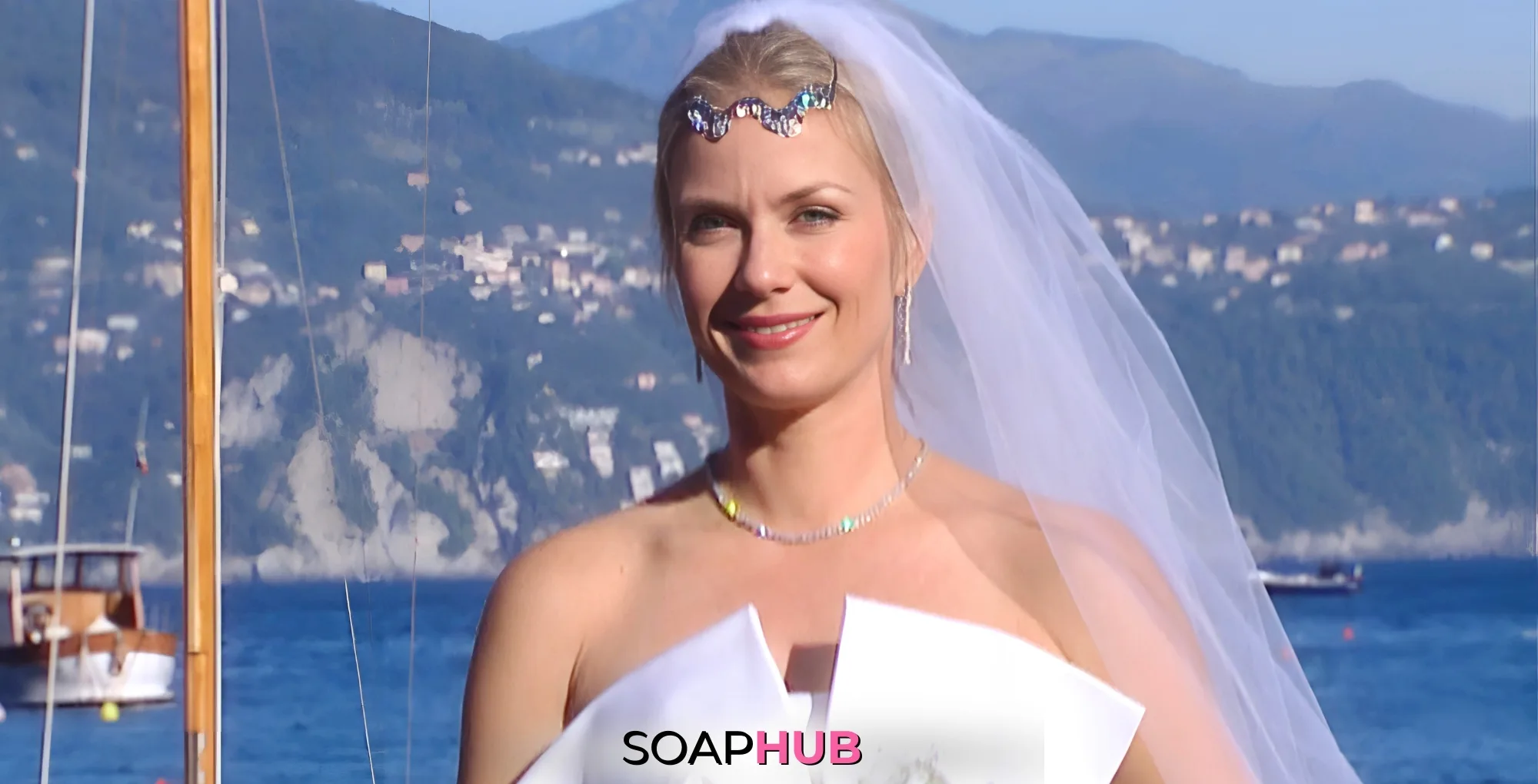 Bold and the Beautiful Brooke's Portofino wedding gown with the Soap Hub logo.
