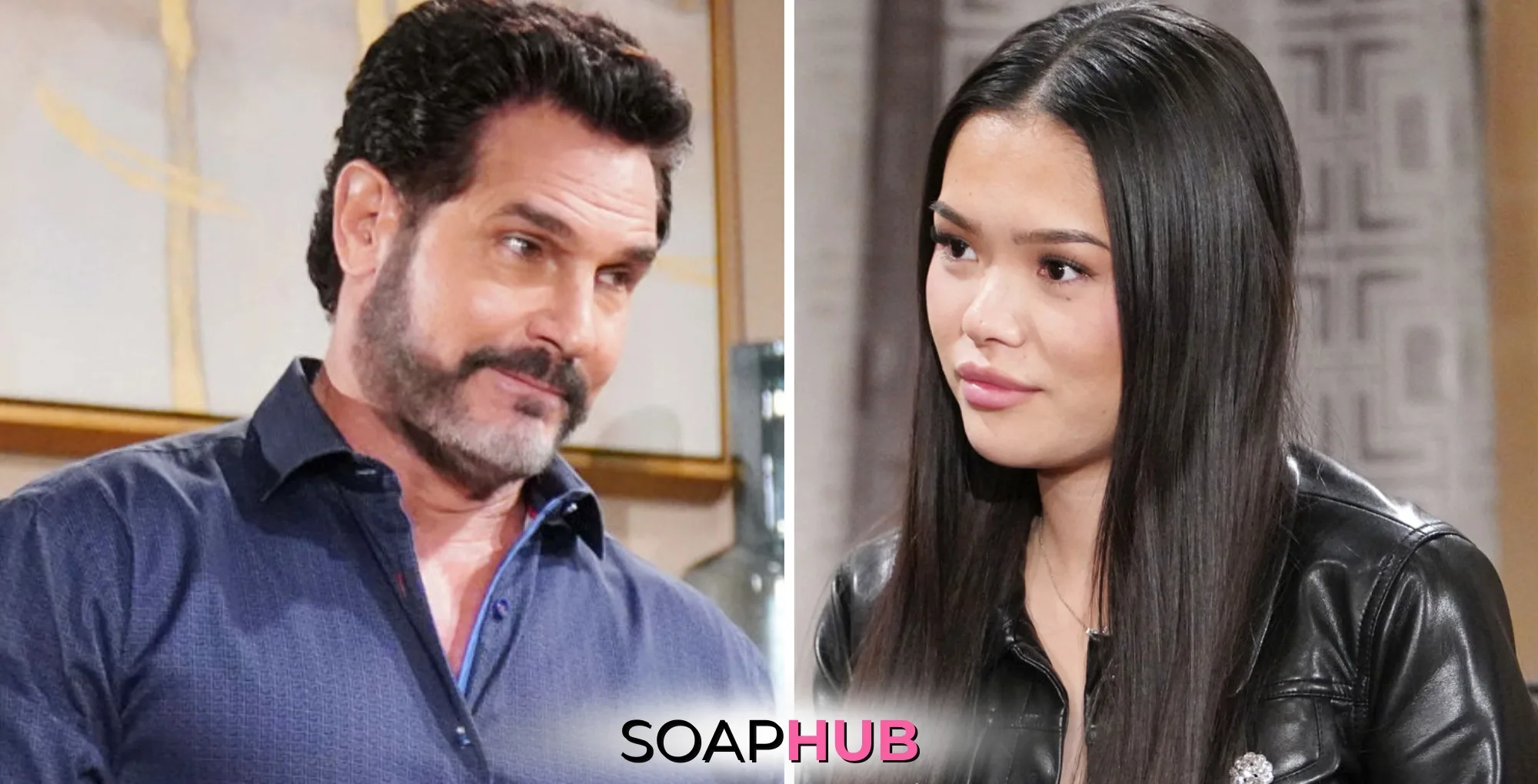 Bold and the Beautiful's Bill and Luna with the Soap Hub logo.