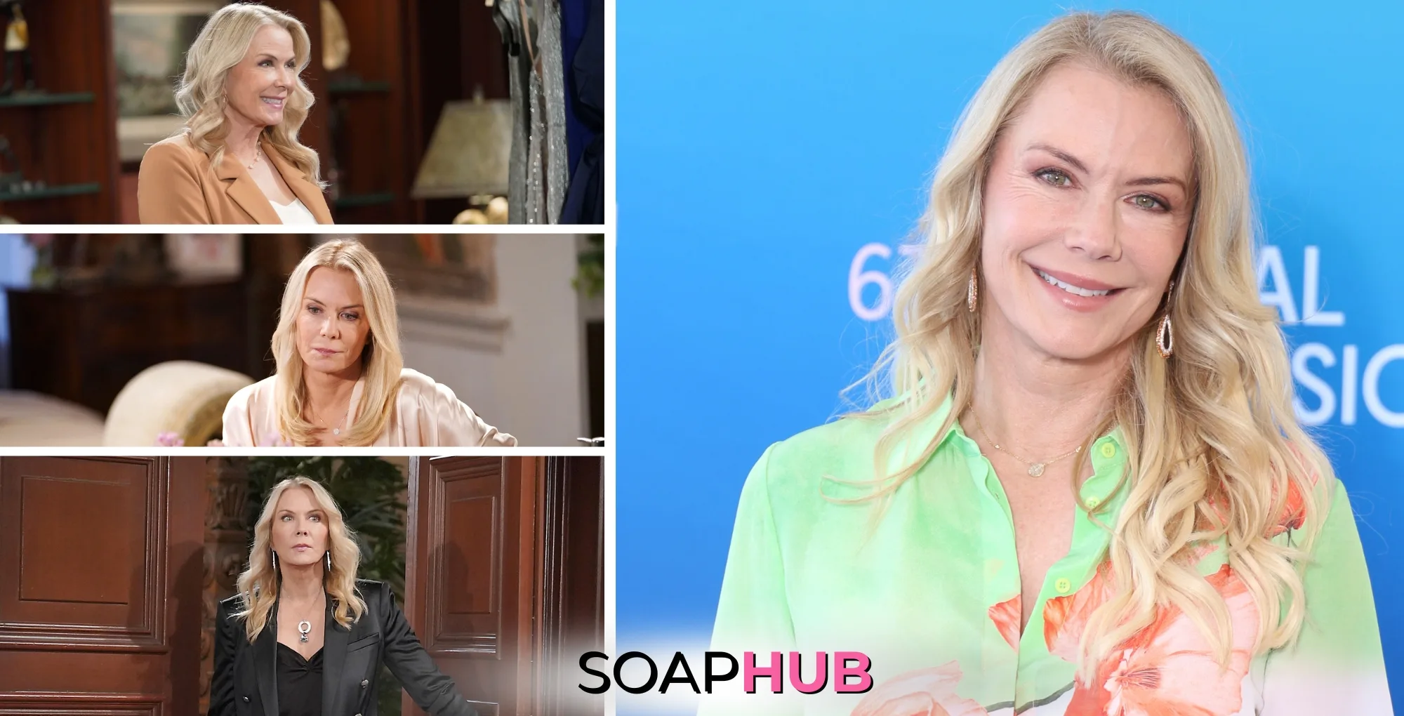 The Bold and the Beautiful character Brooke, and actress Katherine Kelly Lang with the Soap Hub logo.
