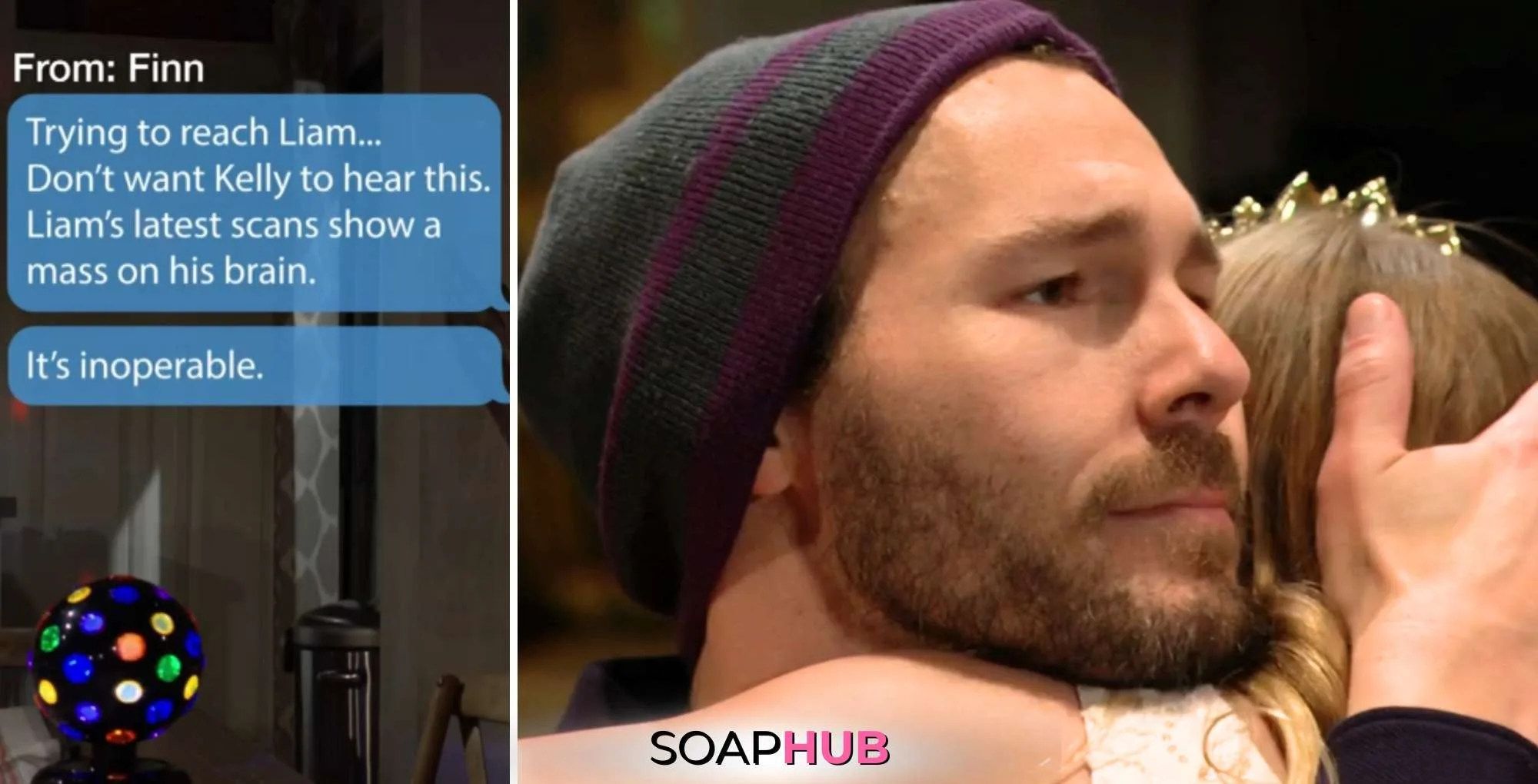 Bold and the Beautiful Recap April 18: Liam and Kelly with the SoapHub logo.