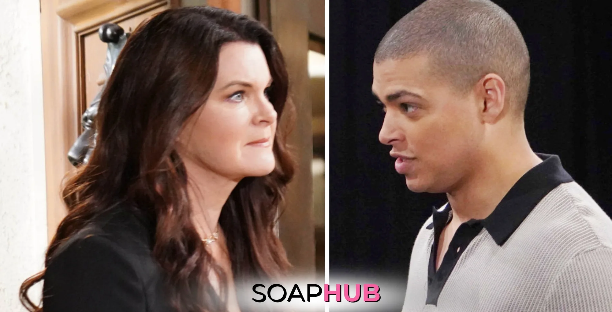 Bold and the Beautiful April 20 Katie and Zende with the Soap Hub logo.