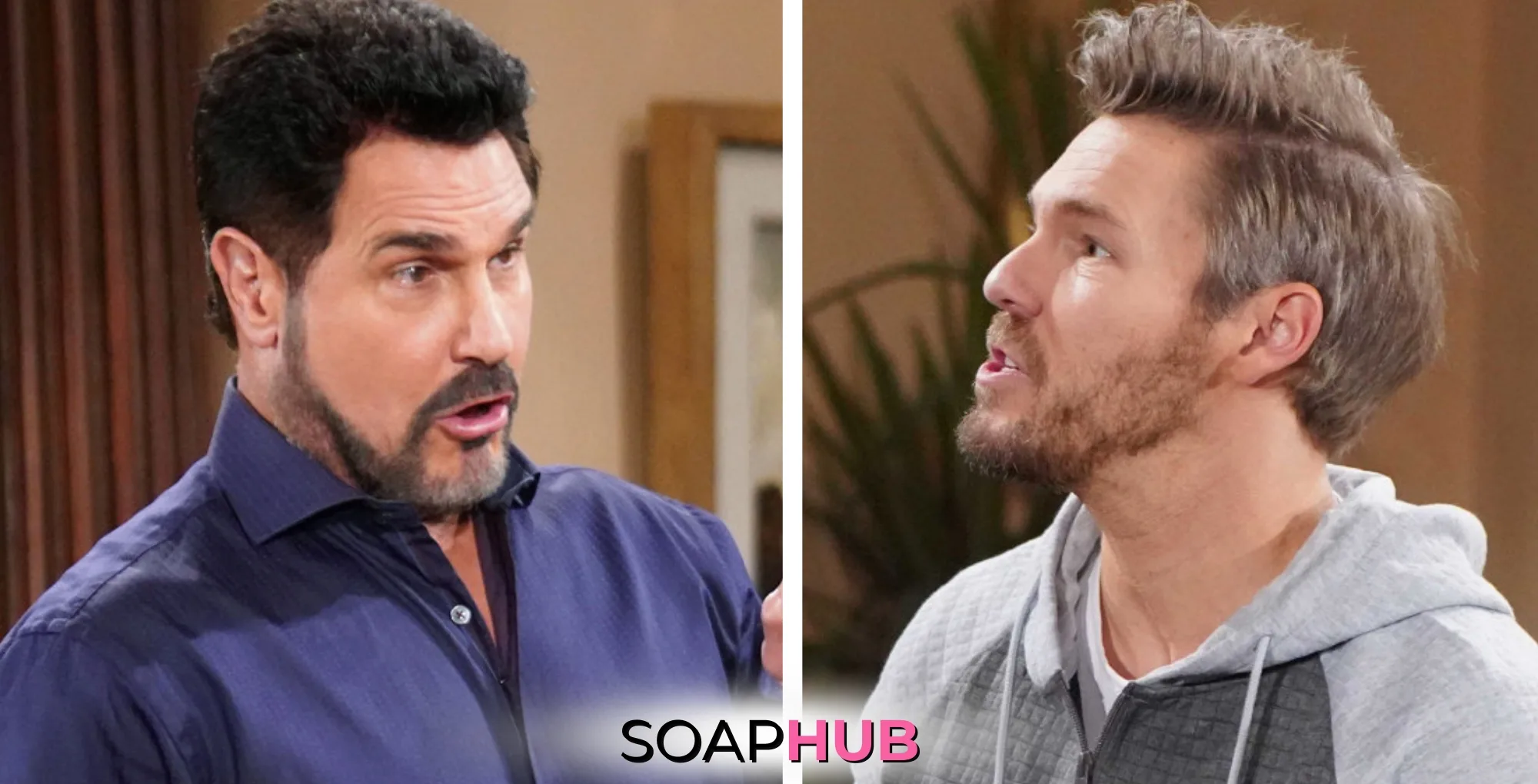 Bold and the Beautiful's Bill and Liam with the Soap Hub logo.