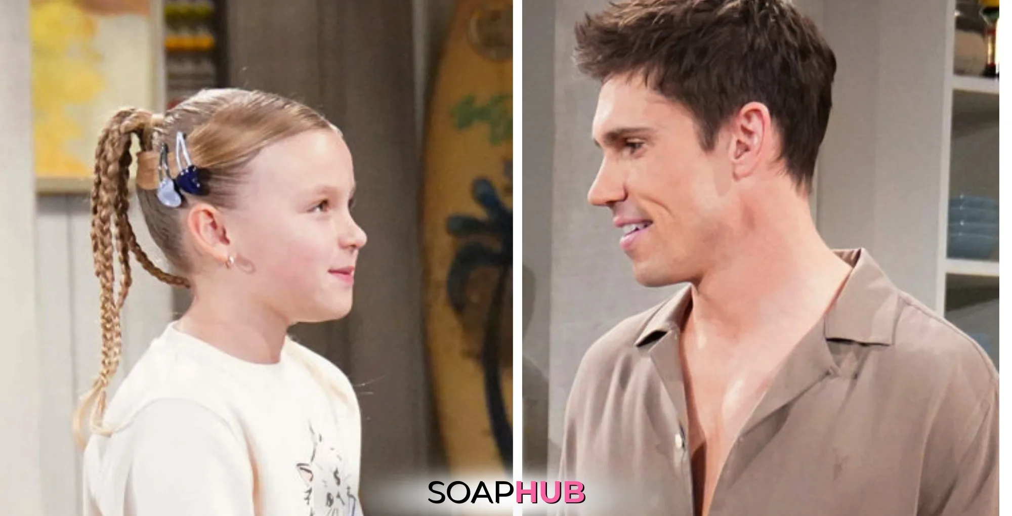 Bold and the Beautiful Must Watch Moments April 23 Kelly and Finn with the Soap Hub logo.