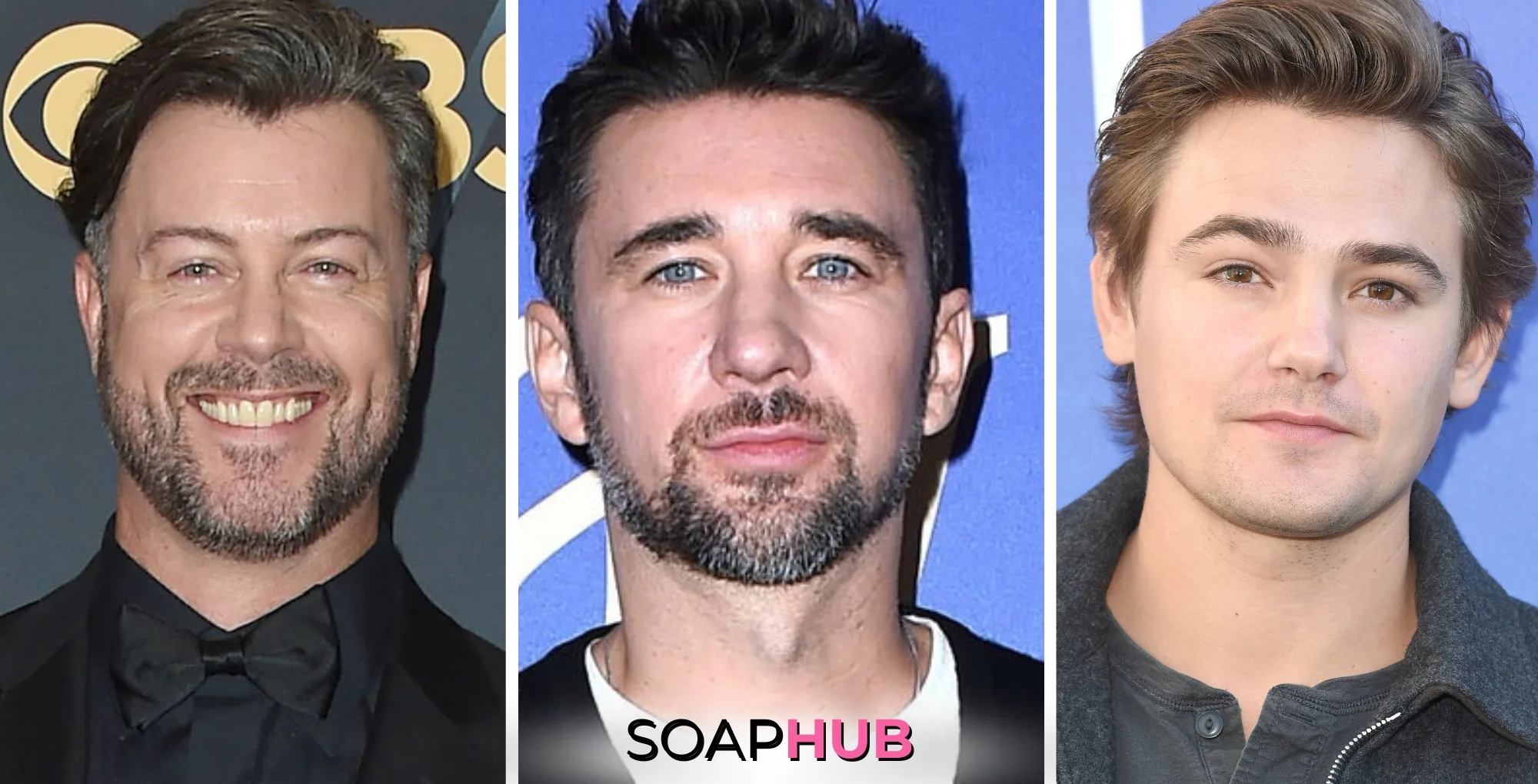 Days of Our Lives' Dan Feuerriegel, Billy Flynn, and Carson Boatman with the Soap Hub logo across the bottom.