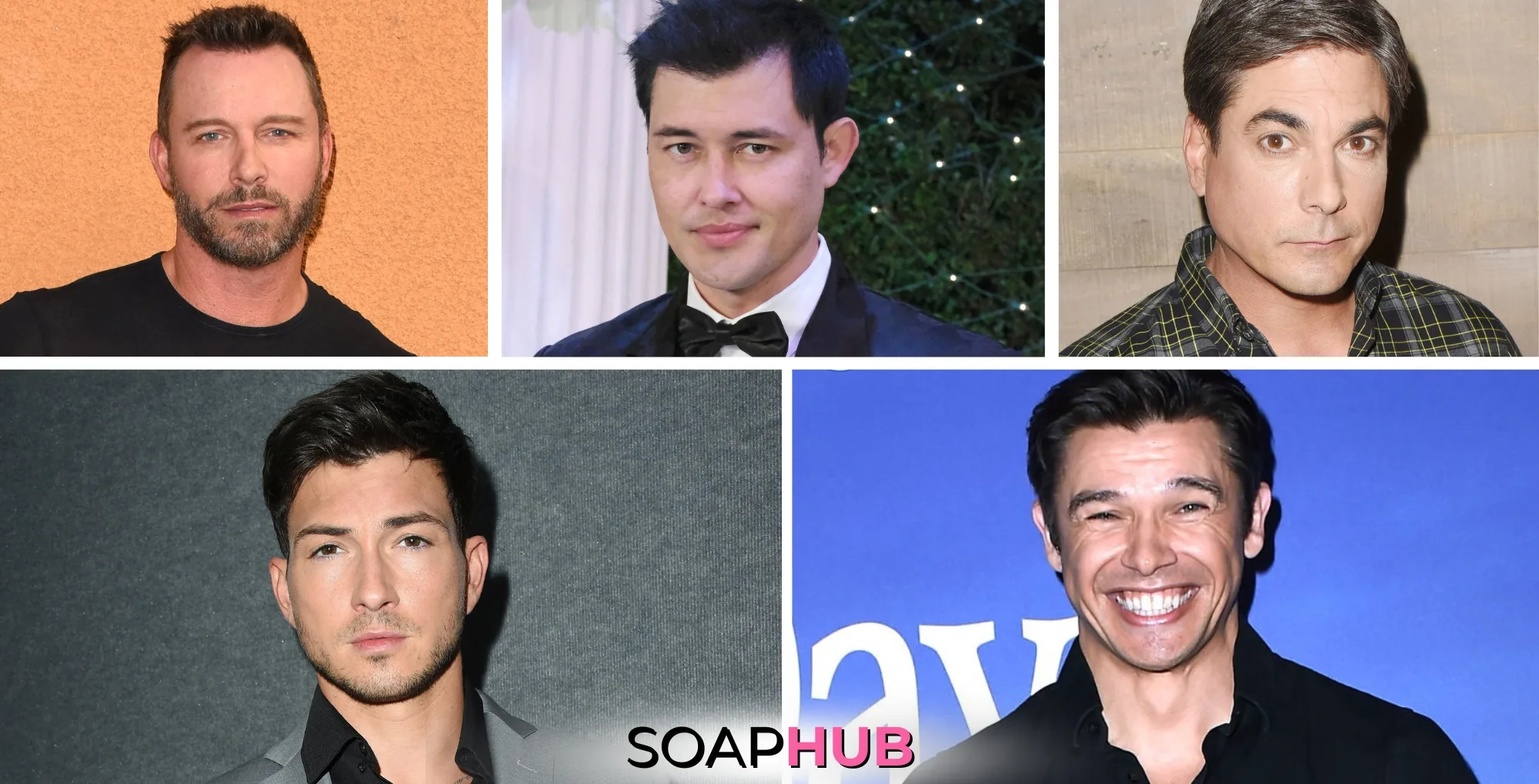 Days of our Lives Eric Martsolf, Bryan Dattilo, Christopher Sean, Robert Scott Wilson, and Paul Telfer with the Soap Hub logo.