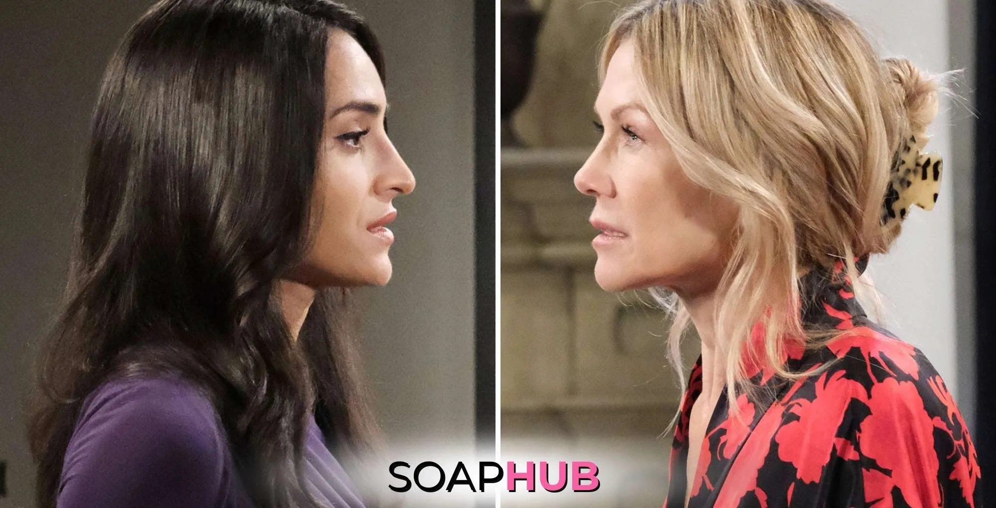 Days of our Lives Spoilers April 8 Gabi and Kristen with the Soap Hub logo.