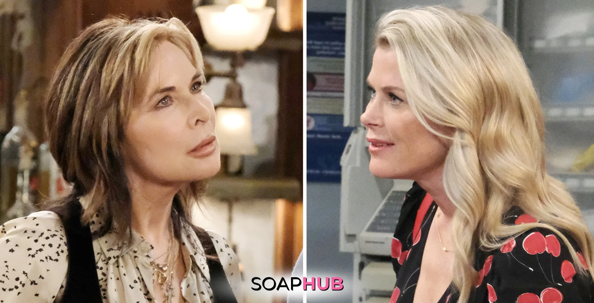 Days of our Lives Spoilers April 16 Kate and Sami with the Soap Hub logo.