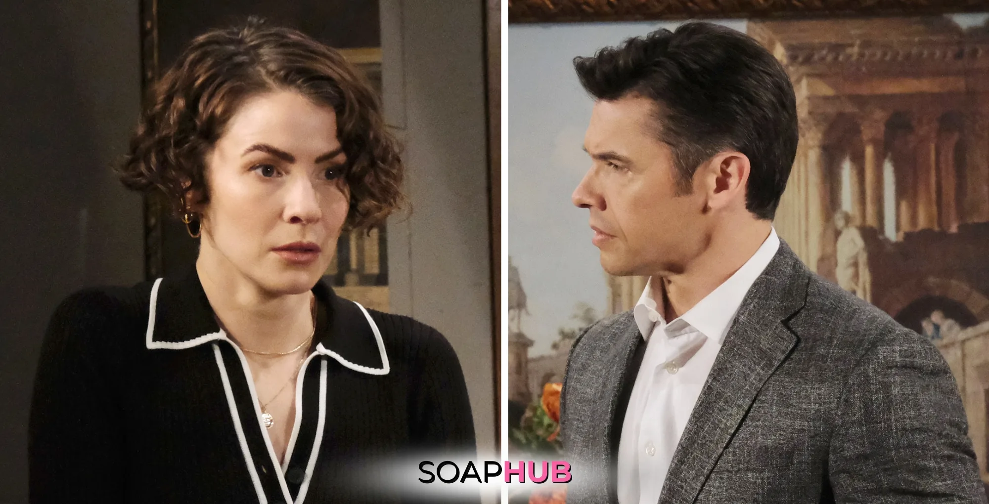 Days of our Lives Spoilers April 7 Sarah and Xander with the Soap Hub logo.