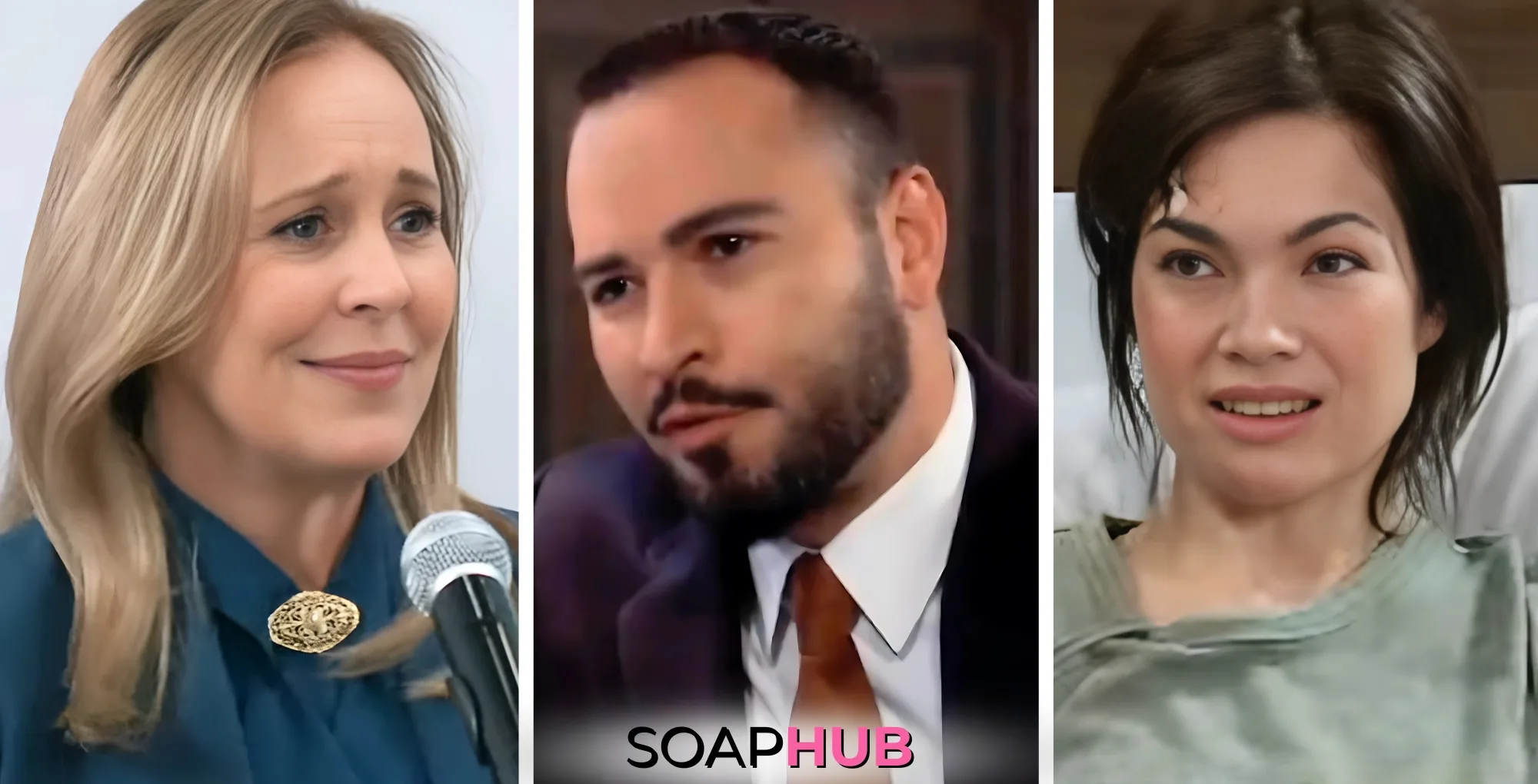 Laura, Marco, and Elizabeth on General Hospital with the Soap Hub logo across the bottom.