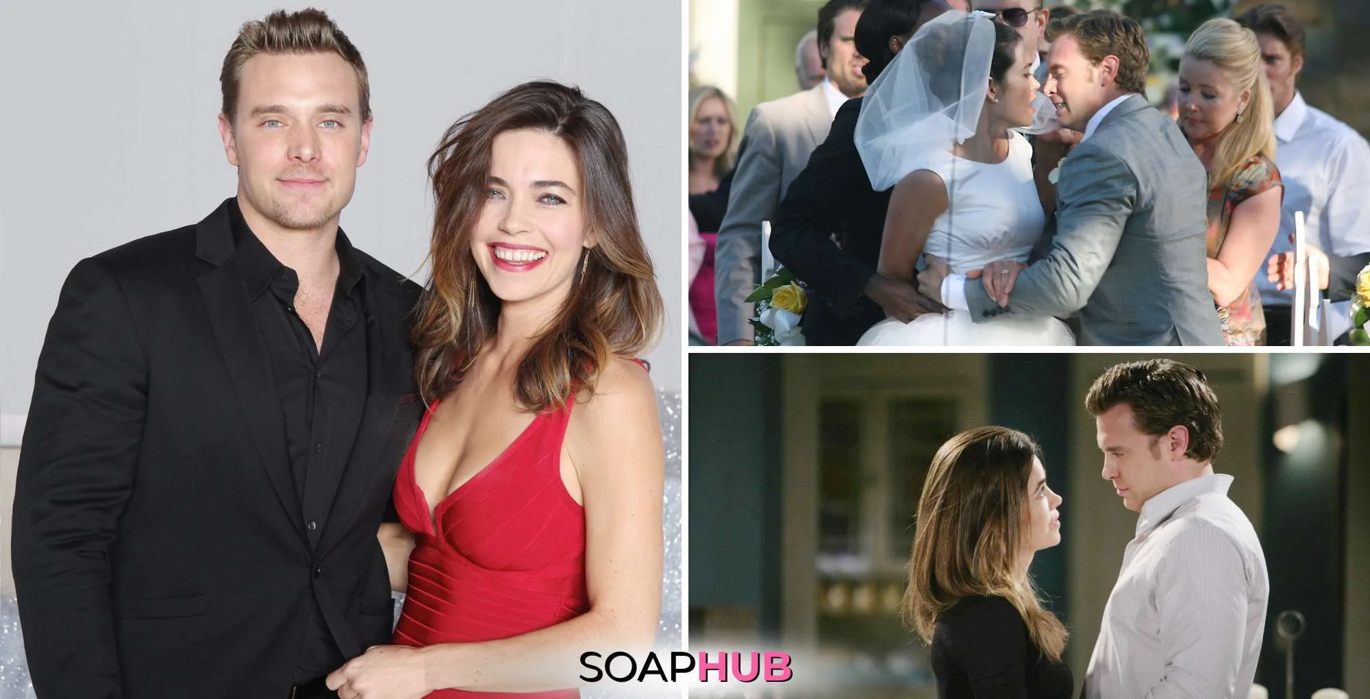 Amelia Heinle and Billy Miller on Young and the Restless with the SoapHub logo.