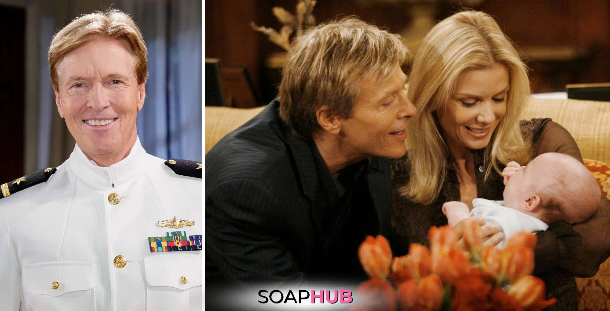 Nick and Brooke with baby Jack on The Bold and the Beautiful with the SoapHub logo.