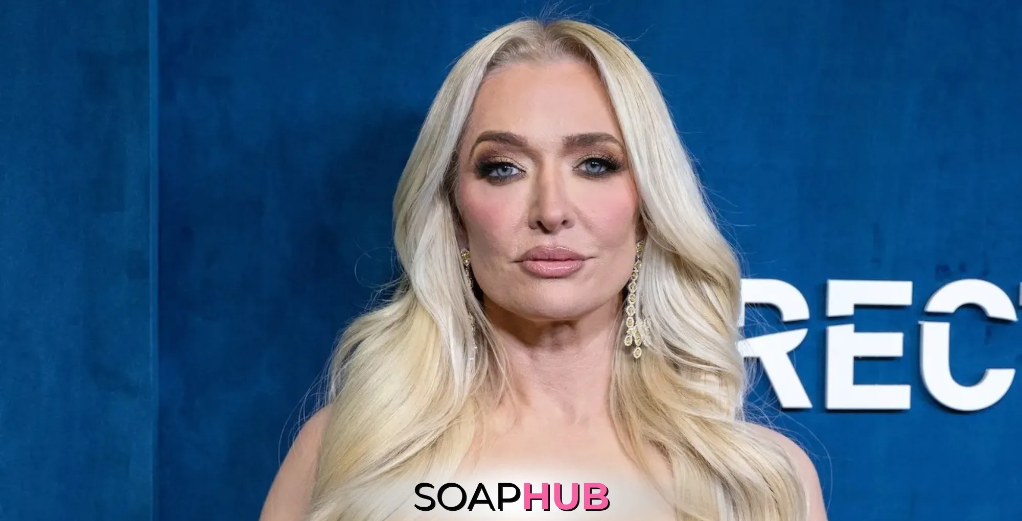 Real Housewives of Beverly Hills Erika Jayne with the Soap Hub logo.