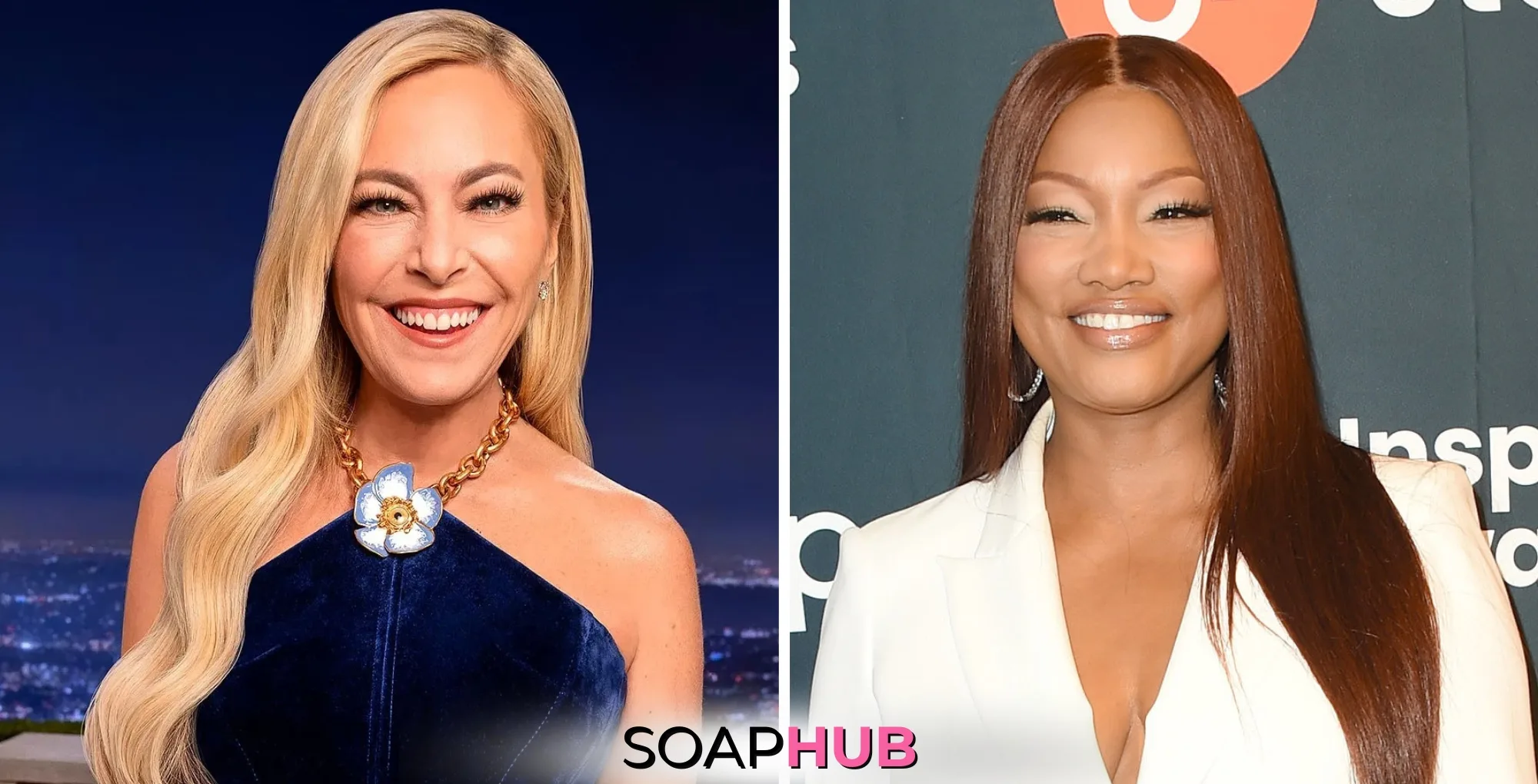 RHOBH Garcelle Beauvais and Sutton Stracke with the Soap Hub logo.