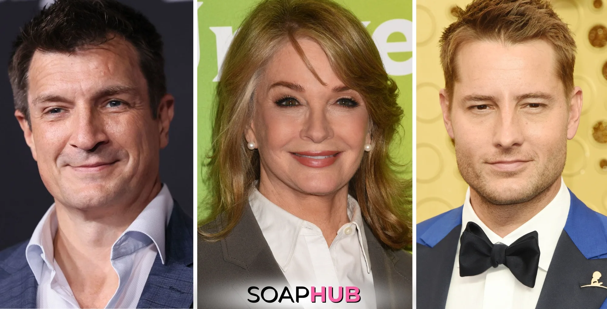 Nathan Fillion, Deidre Hall, and Justin Hartley with the Soap Hub logo across the bottom.