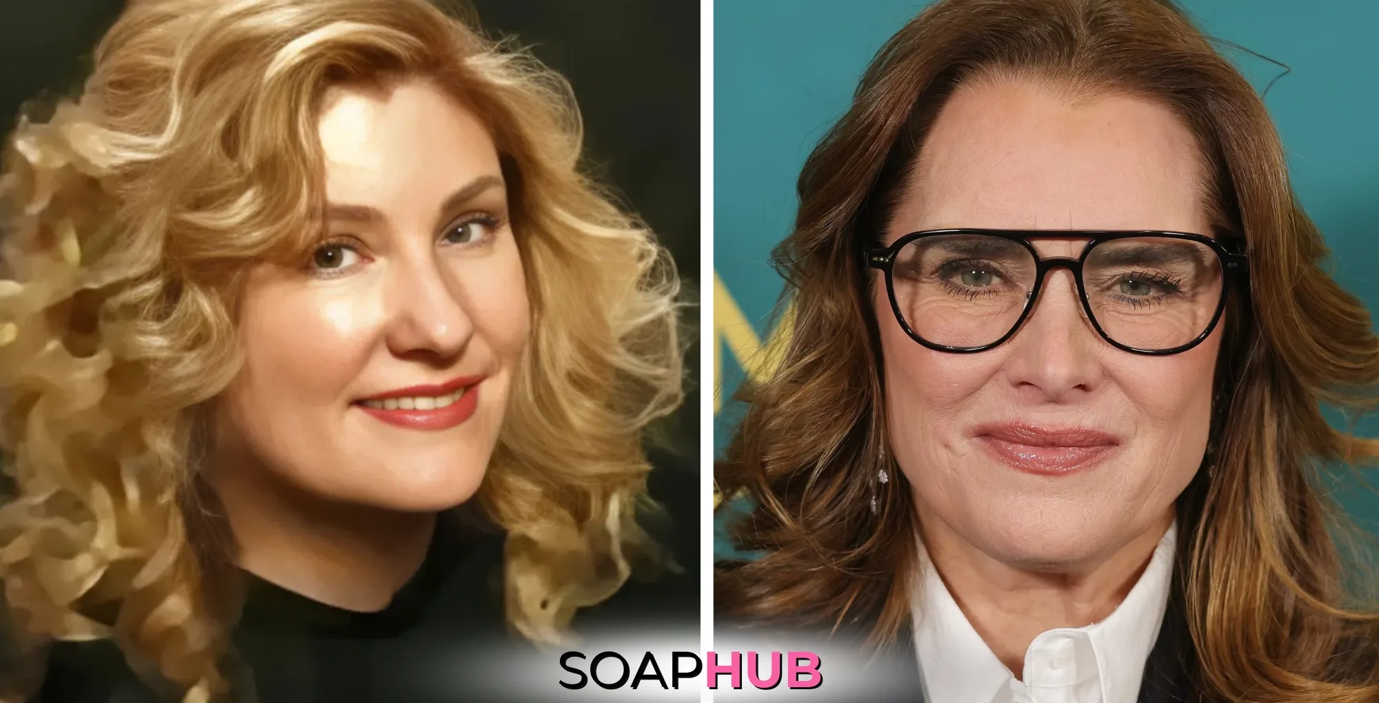 When Calls the Heart's Robin Bernheim and Brooke Shields with the Soap Hub logo.