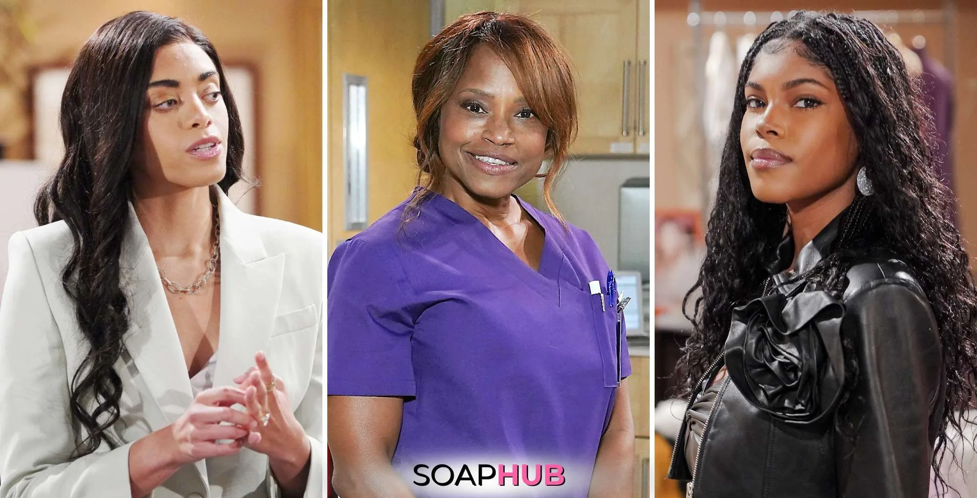 Bold and the Beautiful's Zoe, Grace, Paris with the SoapHub logo.