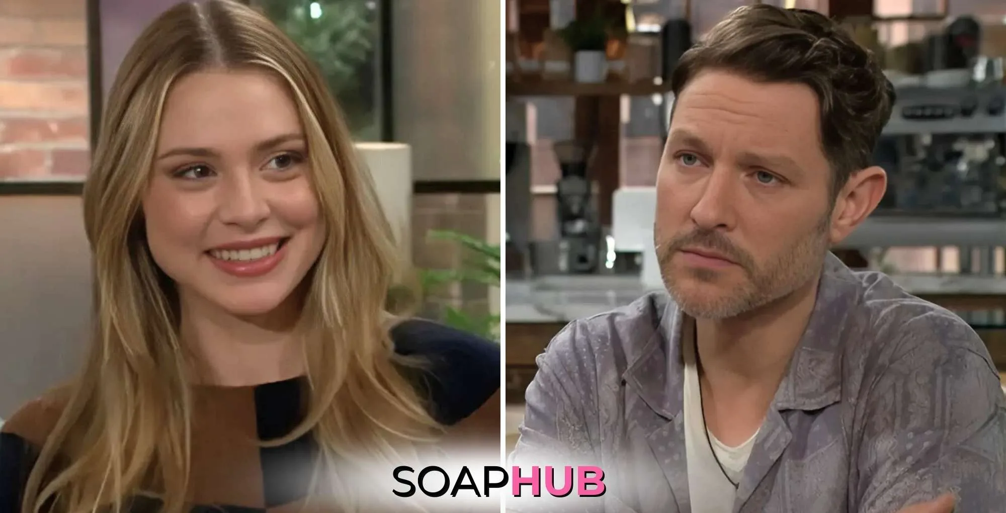 Young and the Restless Recap April 22 Claire and Daniel with the soap Hub logo.
