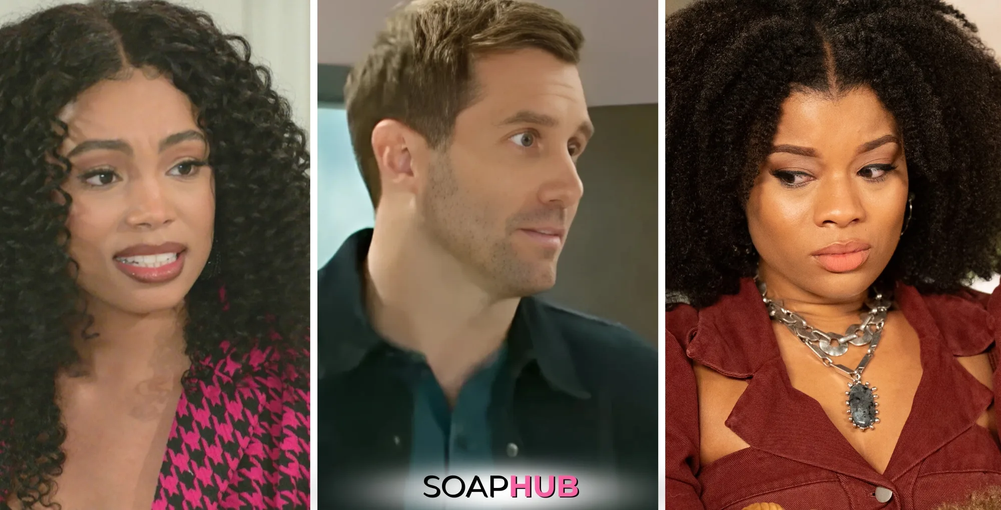 Beyond The Gates spoilers May 21 Eva, Derek, and Chelsea with the Soap Hub logo.