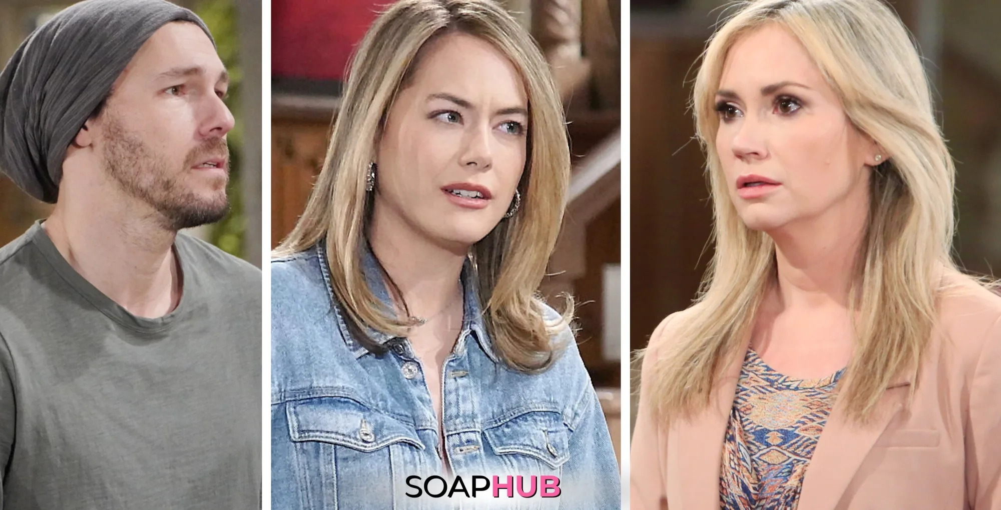 Bold and the Beautiful Liam, Hope, and Bridget with the Soap Hub logo.