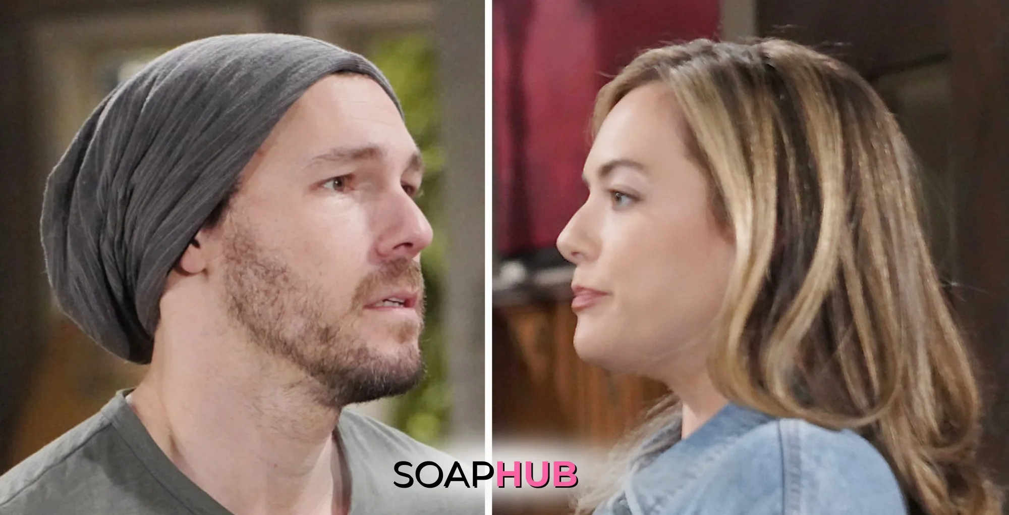 Bold and the Beautiful's Liam and Hope with the Soap Hub logo.