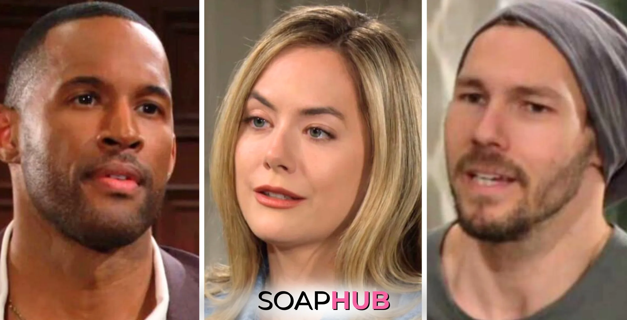 Bold and the Beautiful May 1 Carter, Hope, and Liam with the Soap Hub logo.