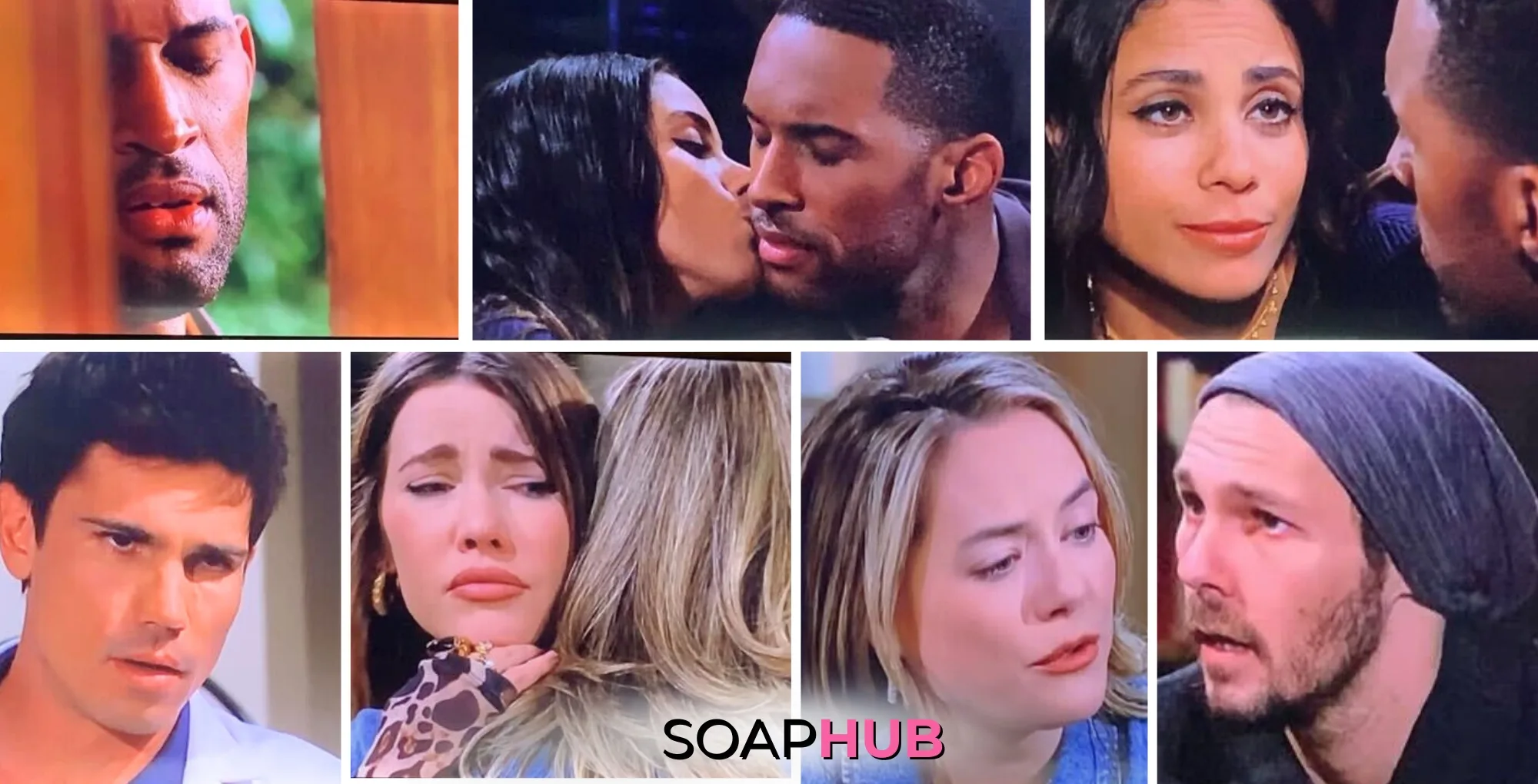 The Bold and the Beautiful characters Carter, Daphne, Finn, Steffy, Hope, and Liam; with the Soap Hub logo.