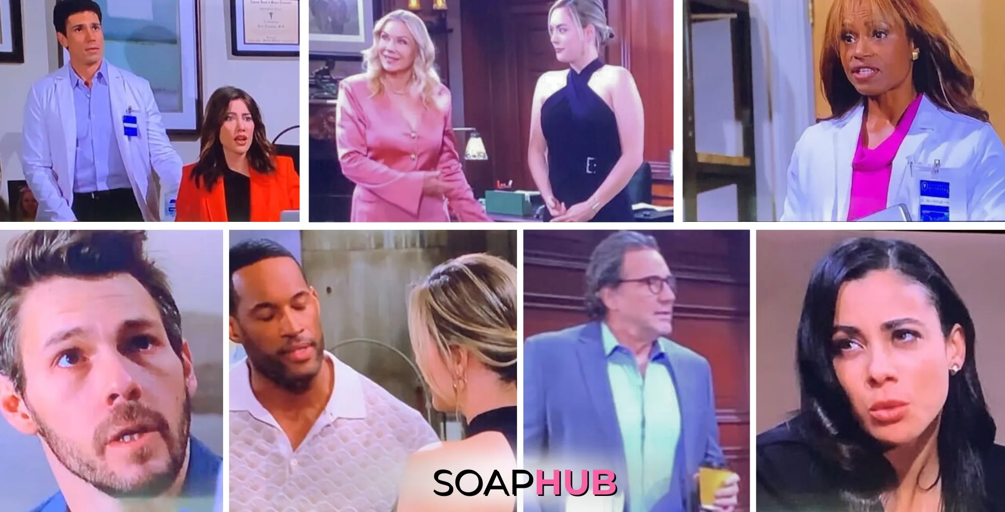 The Bold and the Beautiful characters Finn, Steffy, Brooke, Hope, Grace, Liam, Carter, Ridge, and Daphne; with the Soap Hub logo.