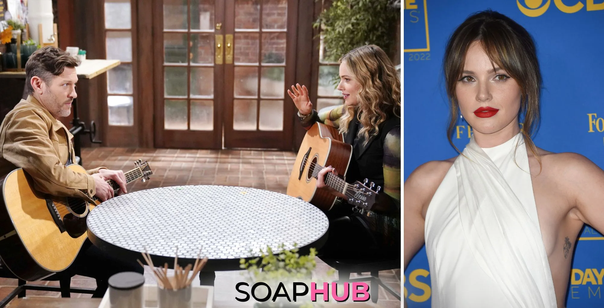 The Young and the Restless characters Daniel and Tessa, and actress Cait Fairbanks; with the Soap Hub logo.
