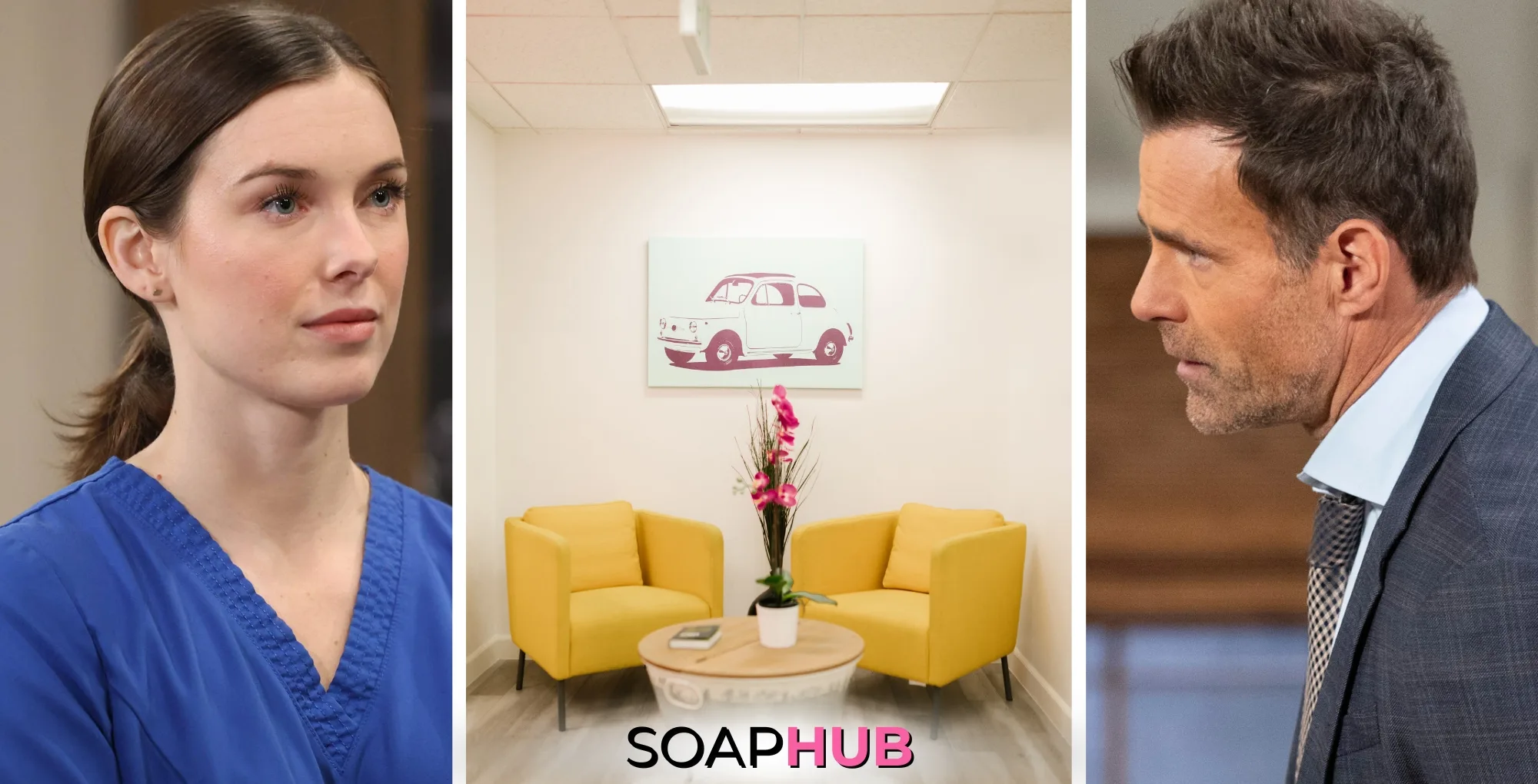 Willow and Drew on General Hospital with the Soap Hub logo.