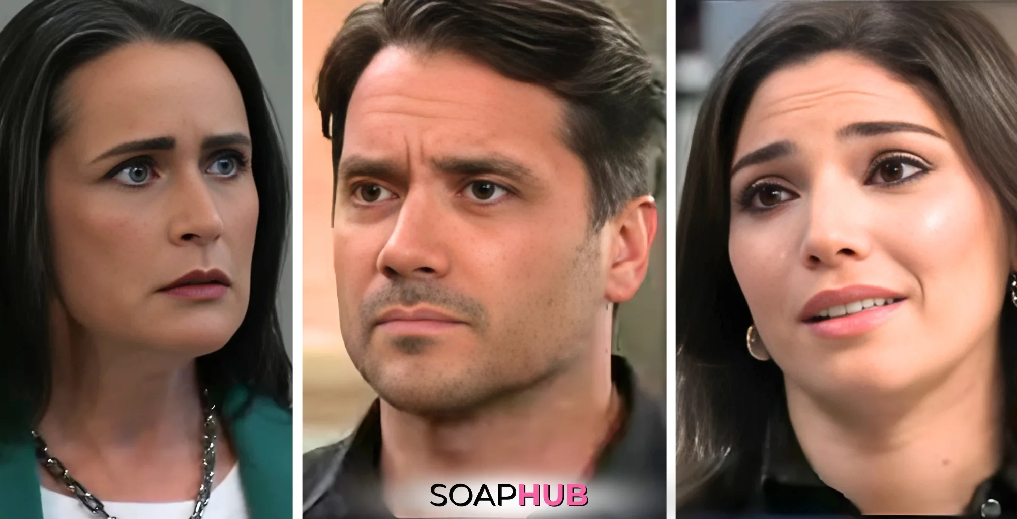 Lois, Dante, and Brook Lynn on General Hospital with the Soap Hub logo across the bottom.