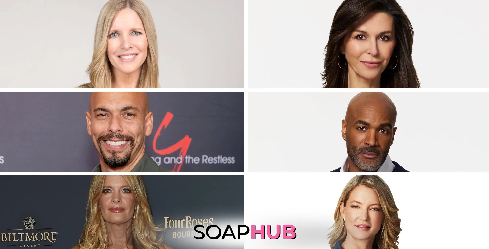 Young and the Restless Lauralee Bell, Bryton James, and Michelle Stafford with General Hospital Finola Hughes, Donnell Turner, and Cynthia Watros with the Soap Hub logo.