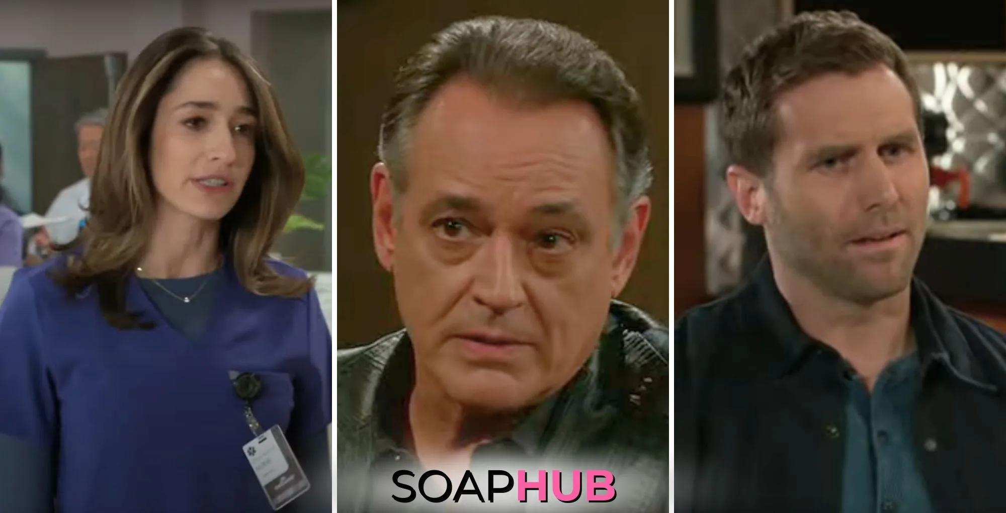 Beyond the Gates characters Ashley, Joey, and Derek; with the Soap Hub logo.