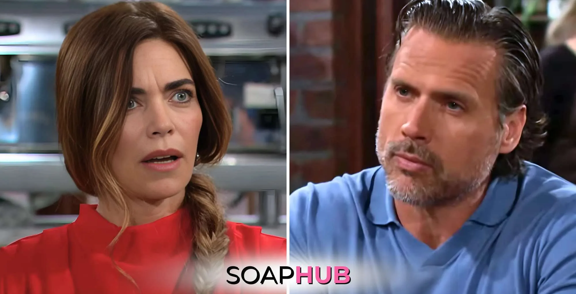 May 6 Young and the Restless Victoria and Nick with the Soap Hub logo.
